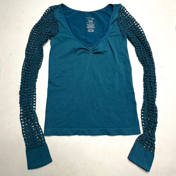 Free People Intimately Open Knit Sleeve Fitted Ruched Top Teal Women XS/S NWT - Picture 1 of 7